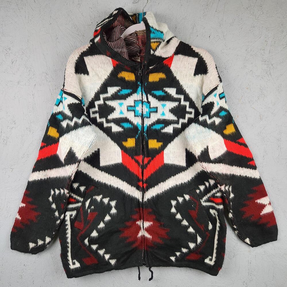 Galapagos Confecciones Sweater Mens Medium Hooded Zip Wool Blend Aztec Handmade